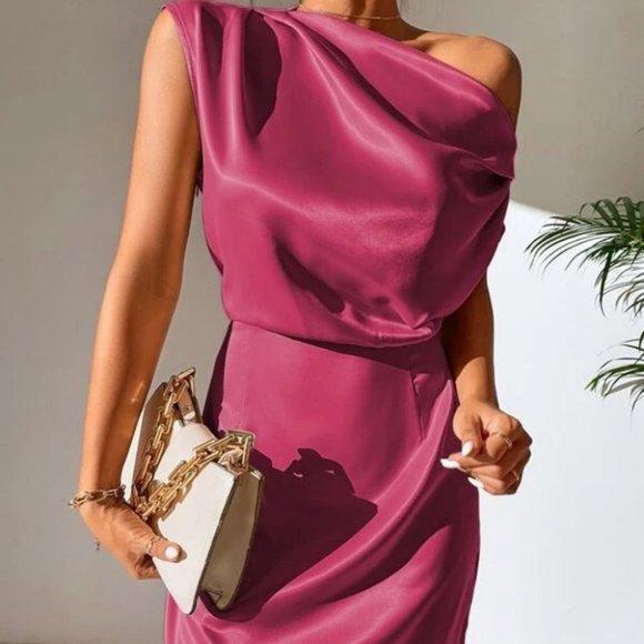 Pink Asymmetrical Neck Satin Mini Dress - Picture 5 of 8